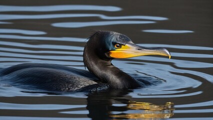 a black duck with a yellow beak floats on the water