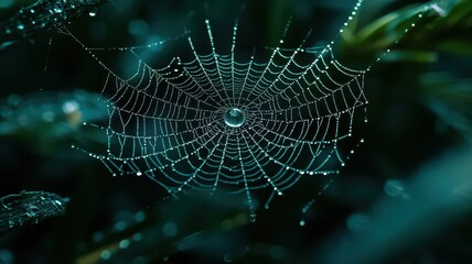 A close-up of a spider web adorned with sparkling dewdrops, set against a dark green background, showcasing nature's intricate beauty.