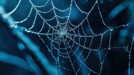 A close-up of a spider web adorned with glistening water droplets, showcasing intricate patterns against a dark blue background.