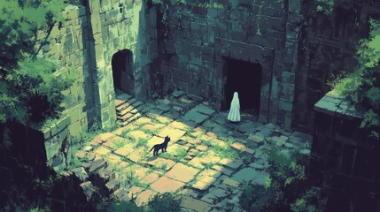 Canvas Print - A solitary figure stands before an entrance to a stone structure in a forest.