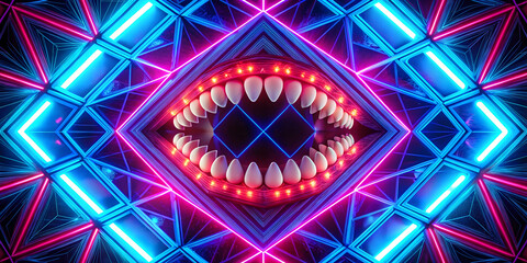 Wall Mural - Neon Jaws: Glowing Cyberpunk Mouth 