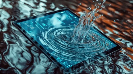 Fototapete - Tablet Splash Abstract, water interacts with digital screen, futuristic blend of technology and fluid elements