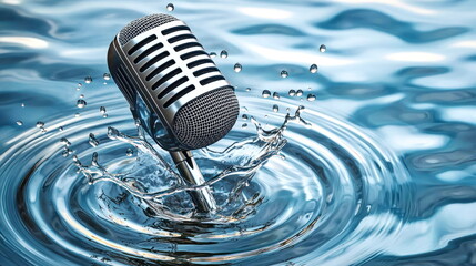 Poster - Microphone splash, vintage mic dips into rippling water, dramatic interaction.