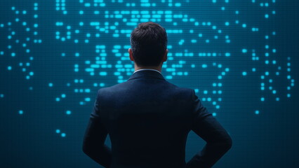 businessman looking to screen is showing many code