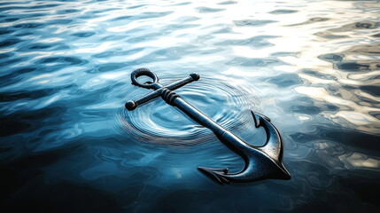 Aufkleber - Anchor afloat, rippling blue water, serene calm, soft light reflections, nautical tranquility.