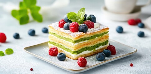 Wall Mural - A delicious layered dessert topped with fresh berries and mint, showcasing vibrant colors and a tempting appearance.