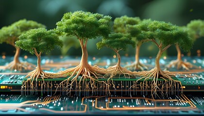 Wall Mural - Organic Roots Intertwined with Digital Circuitry Highlighting Sustainable Technology Innovations