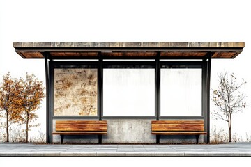 Modern bus stop with wooden benches on white isolated background.