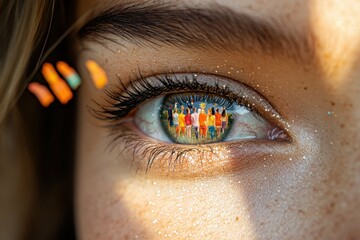 a close-up of a womans eye with a reflection of a diverse group in her pupil symbolizing the inclusi