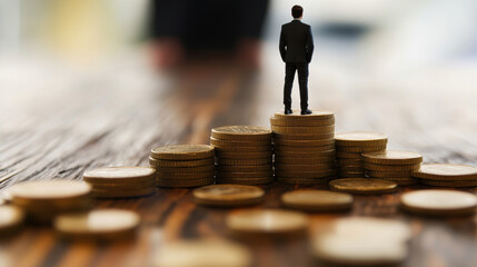 Wall Mural - businessman stands confidently on stack of coins, symbolizing investment and financial growth. This image captures essence of ambition and success in financial world