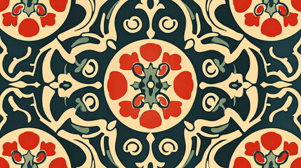 a colorful, intricate pattern with repeating shapes and floral motifs.