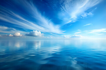 Sticker - Azure Serenity: A breathtaking vista of a boundless ocean mirroring a vibrant blue sky, streaked with wispy clouds. Tranquil and serene, this image evokes a sense of peace and escape. 