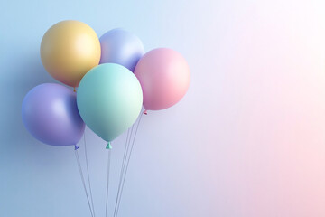 Colorful balloons in pastel shades float against soft gradient background, creating cheerful and festive atmosphere. Perfect for celebrations and events