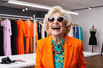 Joyful Senior Woman in Colorful Orange Outfit with Cool Sunglasses Laughing in Fashion Studio