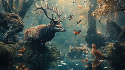 Canvas Print - A Majestic Stag Gazes at Butterflies in a Misty Forest Clearing