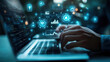 © Worakit - image depicts person using laptop with digital icons and graphs representing online banking and data management. scene conveys sense of modern technology and innovation