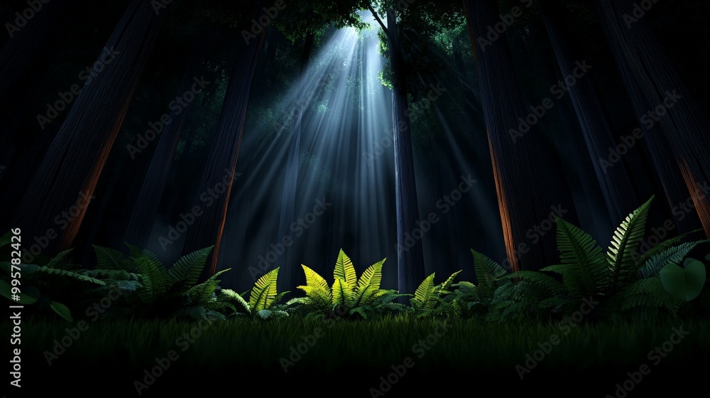 Forest Light: Sun rays pierce the dense canopy of an ancient forest ...