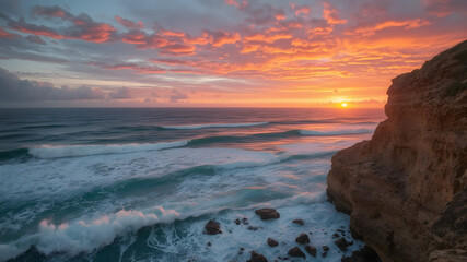 Wall Mural - Scenic Coastal Sunset Over Cliffs and Waves