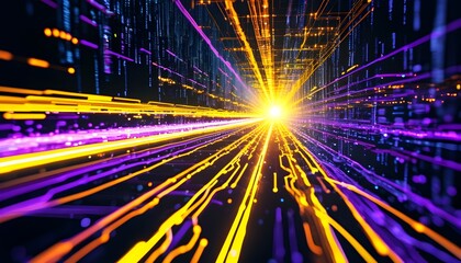 Dynamic Flow of Sunshine Yellow and Royal Purple Light Trails Representing High-Speed Data Transfer in Computer Networks