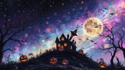 Wall Mural - halloween night scene with bats, pumpkins on castle background