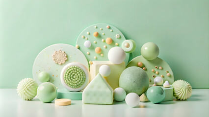 Wall Mural - abstract green & white geometric shapes still life
