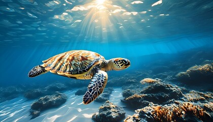 Wall Mural - Graceful sea turtle swimming in bright sunlit blue ocean waters