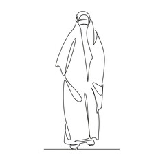 Wall Mural - One continuous single drawing line art flat doodle woman, muslim, islam, religion, covering, portrait, traditional, tradition, dress, person. Isolated image hand draw contour on a white background