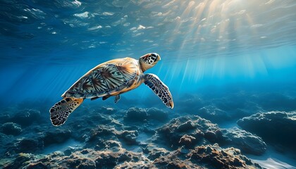 Sticker - Graceful Sea Turtle Swimming in Sunlit Tranquil Ocean Waters