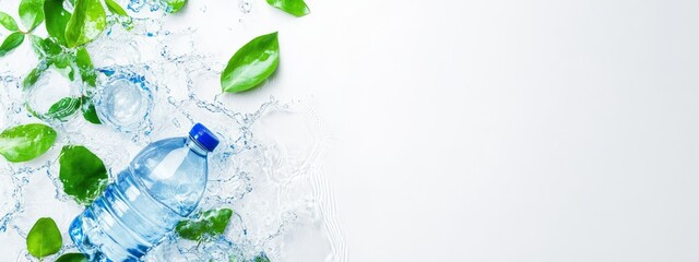 Wall Mural - Fresh and Sparkling Mineral Water in Transparent Bottle with Green Leaves