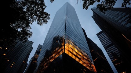 Poster - Skyscraper Illuminated by Warm Lights, Viewed from Below