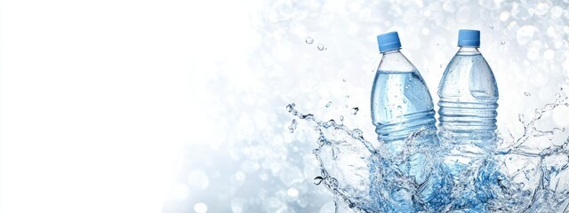 Wall Mural - Freshwater Mineral Water Bottles with Splashing Droplets on Blurred Background