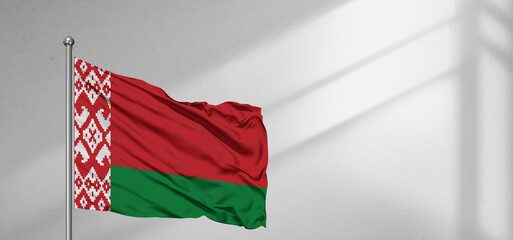 Wall Mural - Belarus national flag cloth fabric waving on beautiful window light grey Background.