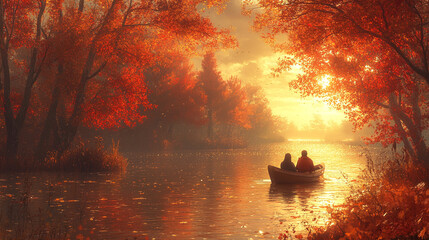 Serene autumn scene with a couple in a boat amid vibrant orange foliage at sunset, perfect for romantic and nature themes.