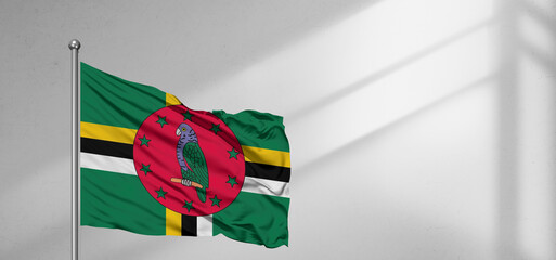 Wall Mural - Dominica national flag cloth fabric waving on beautiful window light grey Background.