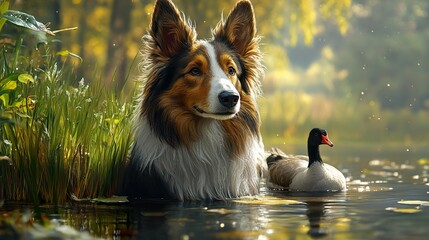 Wall Mural - Collie Dog and Goose in Tranquil Forest Pond