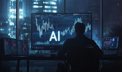 Silhouetted person working on computer with AI data.