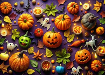 Wall Mural - Discover our enchanting Halloween clipart collection showcasing charming pumpkins, spooky ghosts, mischievous bats, and