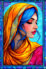 Wall Mural - A woman with blue eyes and a blue scarf is painted on a blue background. The woman is wearing a yellow scarf and has a blue and pink dress