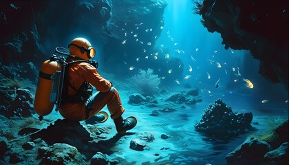 Wall Mural - Bioluminescent Wonders of the Ocean Abyss Explored by Submersible Deep Sea Explorer