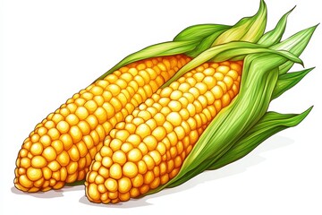 Two ripe corn on the cob with green husks, white isolate background.