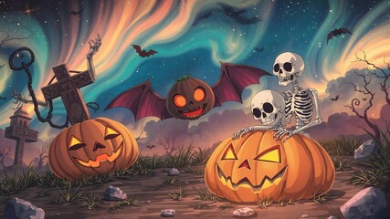 Wall Mural - spooky halloween background with skeletons, pumpkins, bats, moon on grave with tombstones