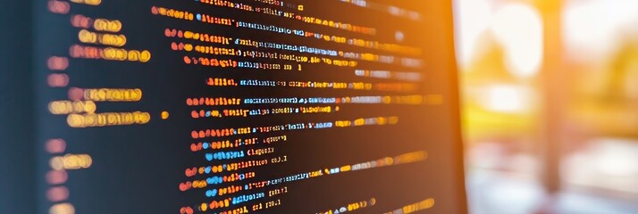 Secure Code Software Development Programming Language Script on Computer Monitor in Blurry Closeup