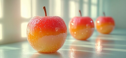 Three shiny red and yellow apples with water droplets on a white surface.