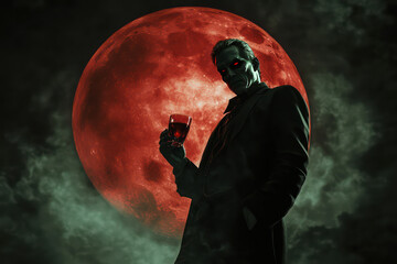 A sinister figure holding a glass silhouetted against a dramatic red moon, enveloped in eerie fog, exuding dark charisma.