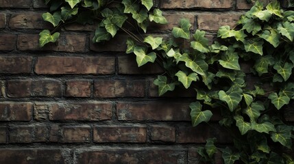 Poster - Green ivy climbing a weathered brick wall in a tranquil, urban setting during the afternoon sunlight