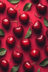 Wall Mural - Fresh Red Cherries Pattern, Juicy Ripe Cherry Fruits on Red Background, Summer Berries Flat Lay