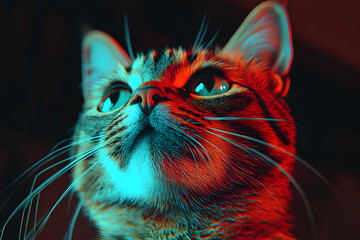 Close-up Portrait of a Cat's Face with Red and Blue Neon Lighting, Looking Upwards with Curiosity and Alertness,  A Playful and Intriguing Image Capturing the Feline's Essence