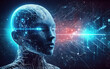 © Andrea - Blue virtual intelligence person face on dark background with circuits, digital AI assistance