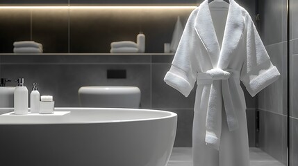 Wall Mural - A modern bathroom with a white bathtub, a white robe hanging on a hook, and white toiletries on the counter.