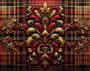 A richly detailed design featuring ornate golden and red floral motifs set against a traditional plaid background. The intricate patterns create a luxurious and elegant contrast, merging classic